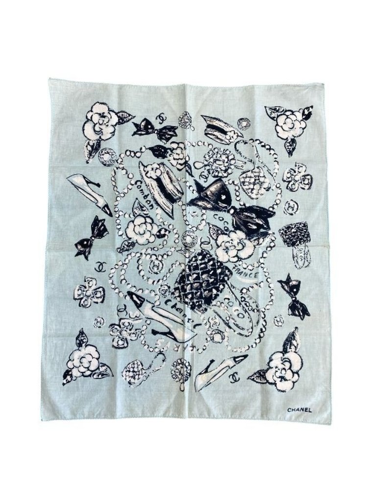 Chanel Scarf Handkerchief Bandana Camellia Logo Coco Mark Light Blue Black